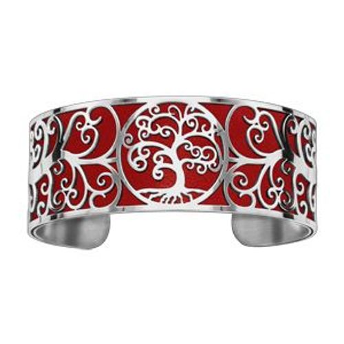 Bracelet Acier Manchette Motif Arbre De Vie Pu Rouge