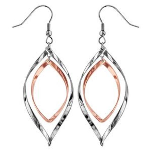 Boucles D'oreilles Acier Crochet Double Goutte Évidée 2 Tons Pvd Rose