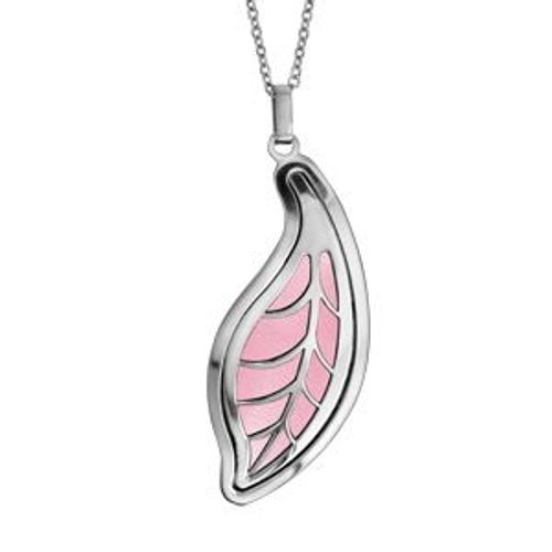 Collier Acier Pendentif Motif Feuille Pu Rose 45+10cm