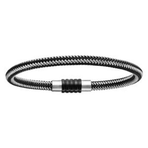 Bracelet Acier Thabora Charms Fermoir Pvd Noir Aimanté Et Visse Tresse Pvd Noir Et Gris 23cm