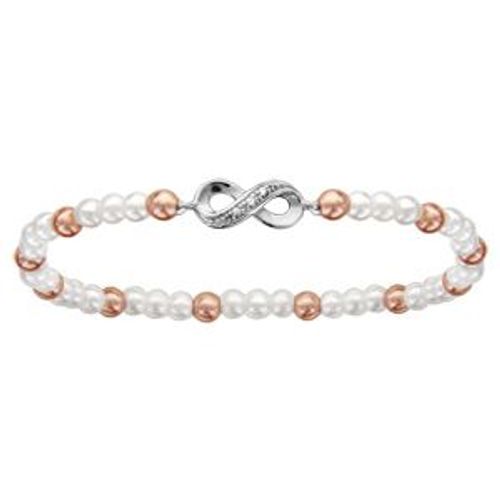Bracelet Enfant Élastique Perles Blanche Et Rose Motif Infini Argent Rhodié Et Oxydes Blancs Sertis