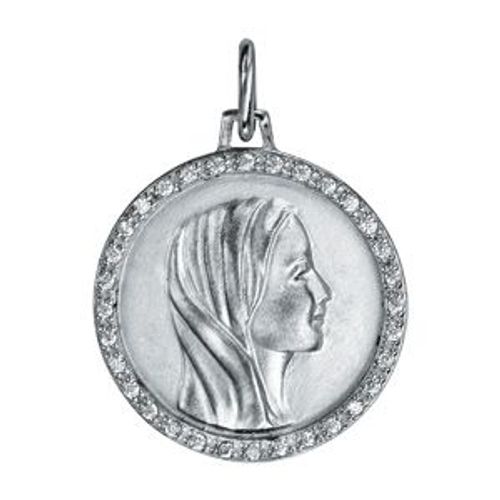 Pendentif Argent Rhodié Rond 20mm Vierge Contour Oxydes Blancs Sertis