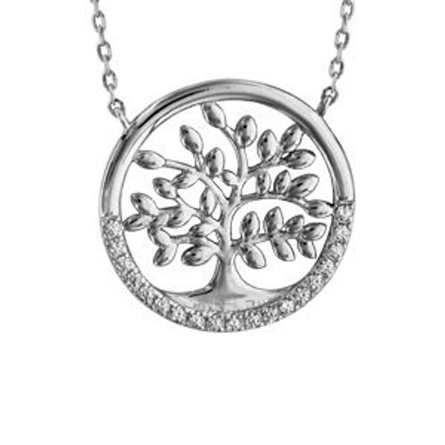 Collier Argent Rhodié Arbre De Vie Oxydes Blancs Sertis 40+5cm