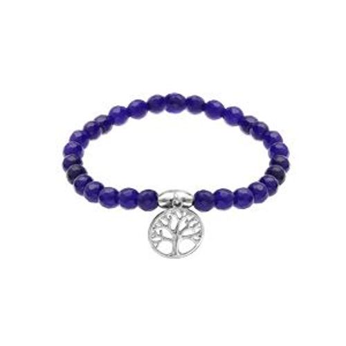Bracelet Argent Rhodié Extensible Pierres Naturelles Agate Bleu Foncé Arbre De Vie