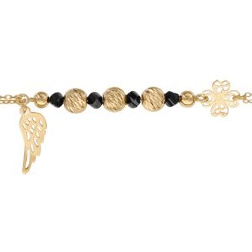 Bracelet Argent Et Dorure Jaune Boules Diamantées Pierres Noires Et Aile D'ange 16+3cm
