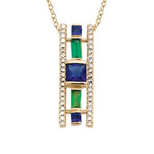 Collier Plaqué Or Géometrique Verre Bleu Foncé Et Vert Contour Oxydes Blancs Sertis 40+4cm
