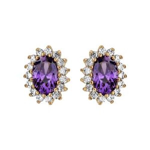 Boucles D'oreilles Tige Plaqué Or Forme Ovale Oxyde Violet Et Contour Oxydes Blancs Sertis