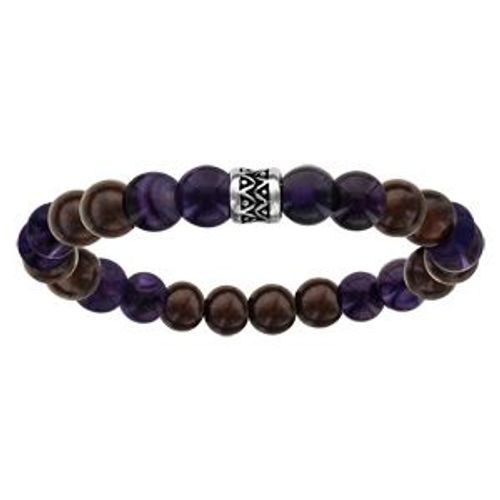 Bracelet Acier Extensible Perles Bois Et Agate Teinte Violet