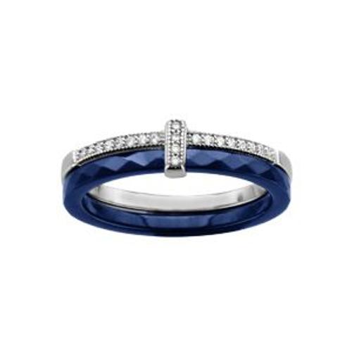 Bague Argent Rhodié Double Anneau 1 Céramique Bleu 1 Rail Oxydes Sertis Blancs