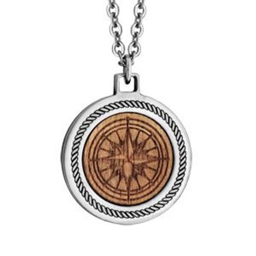 Collier Acier Pendentif Centre En Bois Motif Boussole 50+5cm