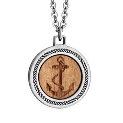 Collier Acier Pendentif Centre En Bois Motif Ancre Marine 50+5cm