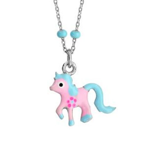 Collier Argent Rhodié Pendentif Poney Rose Et Bleu 36+3cm