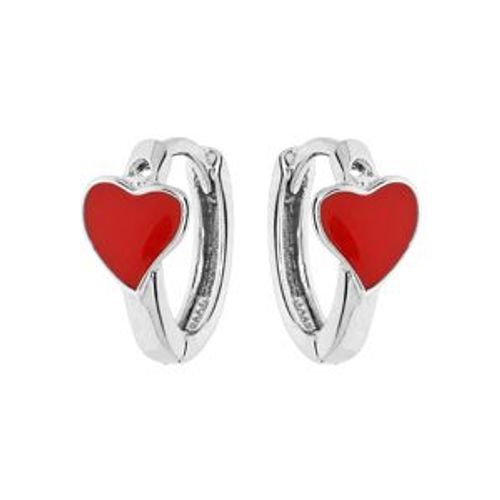 Boucles D'oreilles Argent Rhodié Petite Créole Coeur Résine Rouge