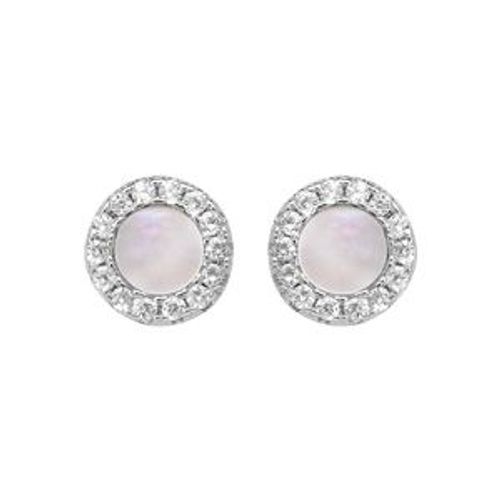 Boucles D'oreilles Tige Argent Rhodié Ronde Nacre Blanche Contour Oxydes Blancs Sertis
