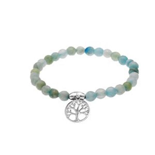 Bracelet Argent Rhodié Extensible Pierres Naturelles Agate Bleu Ciel Arbre De Vie