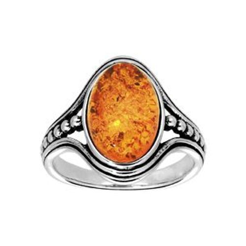 Bague Argent Rhodié Ambre Véritable Avec Picot