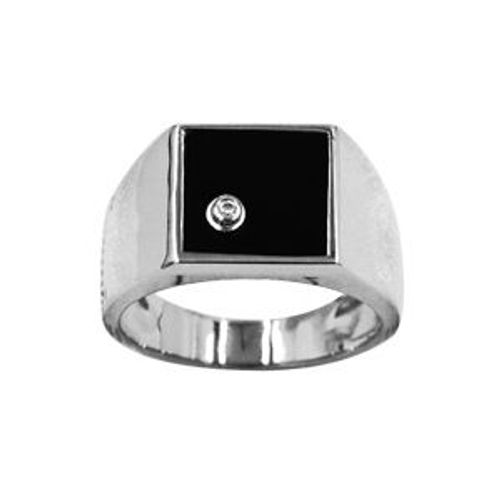 Chevalière Argent Rhodié Carre 10x10 Calcédoine Noire Avec 1 Oxyde Blanc Serti