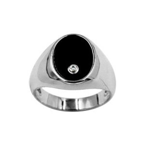 Chevalière Argent Rhodié Moyenne Ovale 14x10 Calcédoine Noire Avec 1 Oxyde Blanc Serti