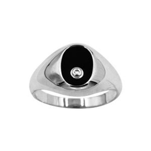 Chevalière Argent Rhodié Petite Ovale 10x7 Calcédoine Noire Avec 1 Oxyde Blanc Serti