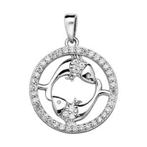 Pendentif Argent Rhodié Zodiaque Poisson Rond Contour Oxydes Blancs Sertis