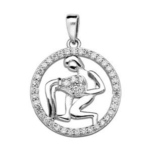 Pendentif Argent Rhodié Zodiaque Verseau Rond Contour Oxydes Blancs Sertis