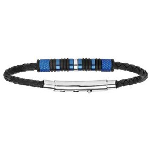 Bracelet Acier Motifs Pvd Bleu Cuir Tresse Noir 22cm Ajustable 20cm