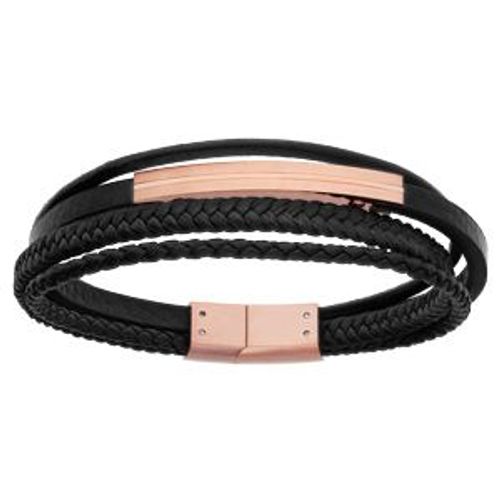 Bracelet Acier Et Pvd Rose Multi Rangs Cuir Bovin Noir 20,5cm
