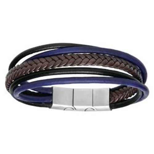 Bracelet Acier Et Cuir Bovin Multifils Noir Et Bleu Tresse Marron 20cm + 1cm Double Fermoir