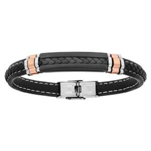 Bracelet Acier Tresse Noir Polyuréthane Avec Pvd Noir Et Élément Pvd Rose 21cm Réglable