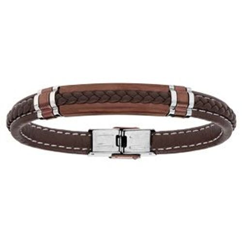 Bracelet Acier Tresse Pu Marron Pvd Marron Et Éléments Pvd 21cm Réglable