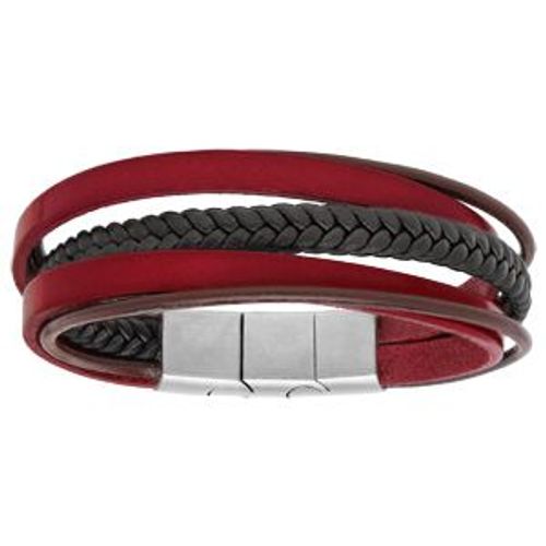Bracelet Acier Et Cuir Multifils Rouge, Marron Et Tresse Noir 20cm + 1cm Double Fermoir