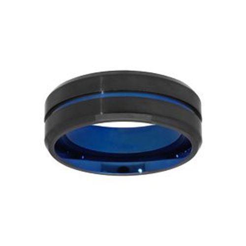 Bague Acier Et Pvd Noir Filet Et Intérieur Bleu