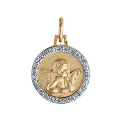 Pendentif Plaqué Or Rond 15mm Ange Contour Oxydes Blancs Sertis