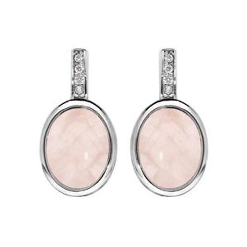 Boucles D'oreilles Tige Argent Rhodié Ovale Pierre Quartz Rose Et Oxydes Blancs Sertis