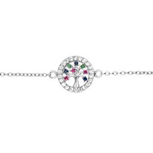 Bracelet Argent Rhodié Arbre De Vie Multi Couleurs Contours Oxydes Blancs Sertis 16+3cm
