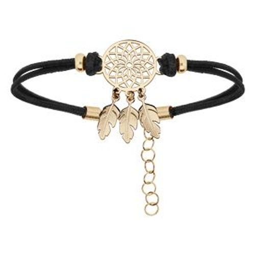 Bracelet Argent Et Dorure Jaune Cordon Noir Attrape Reve 16+3cm