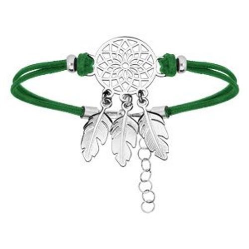 Bracelet Argent Rhodié Cordon Vert Attrape Reve 16+3cm