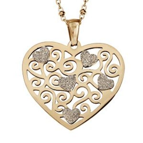 Collier Acier Et Pvd Jaune Chaîne Avec Boules Pendentif Coeur Givres 42+4cm