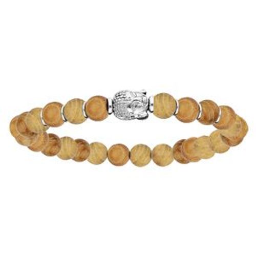 Bracelet Argent Rhodié Extensible Perles Bois Clair Motif Bouddha