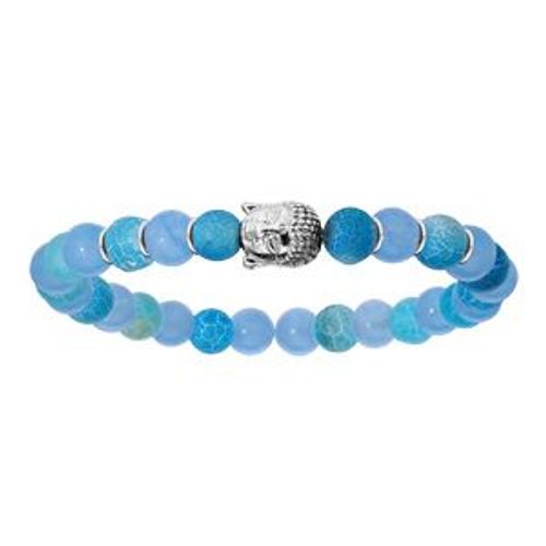 Bracelet Argent Rhodié Extensible Pierre De Lave Bouddha Et Boules Quartz Bleu Clair