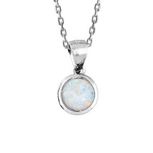 Collier Argent Rhodié Pendentif Rond Opale Imitation Blanche 44,5cm