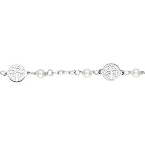 Bracelet Argent Rhodié Motif Arbre De Vie Perles Blanches Verre Swarovski 15+3cm
