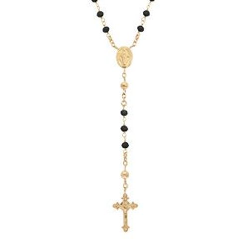 Collier Argent Et Dorure Jaune Chapelet Verre Facette Noires 50+5cm