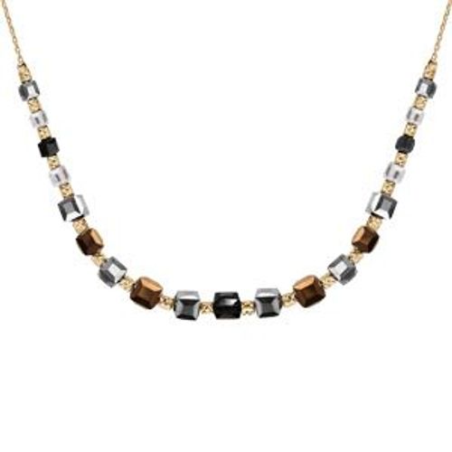 Collier Argent Et Dorure Jaune Cubes En Chute Verre Transparent Et Couleur Métalique 42+5cm
