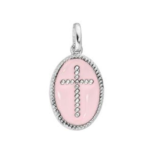 Pendentif Argent Rhodié Ovale Croix Sur Fond Rose Pale