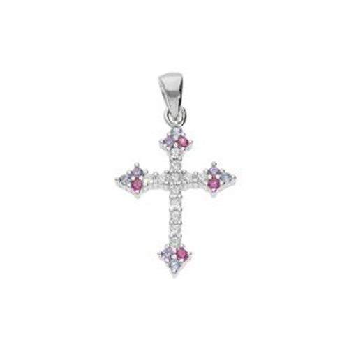 Pendentif Croix Argent Rhodié Oxydes Blancs Et Multi Couleur Dim 20 Mm X 15 Mm