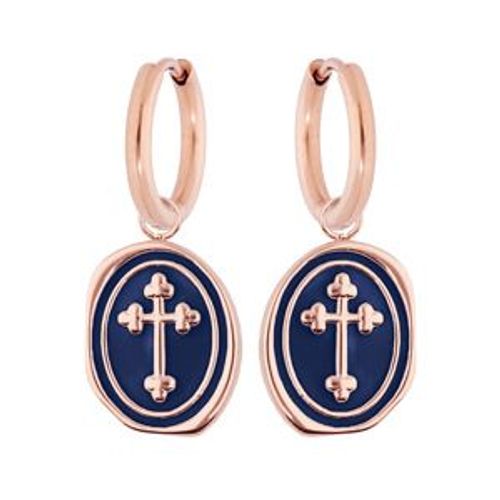 Boucles D'oreilles Acier Et Pvd Rose Créoles Articulee Croix Résine Bleu Nuit
