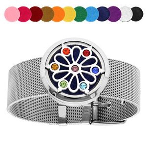 Bracelet Senteur Acier Maille Milanaise Médaillon Fleur De Vie 7 Chakras Avec 12 Mousses Interchangeables Couleurs Assorties 21cm Réglable