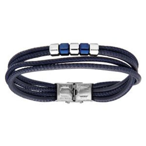 Bracelet Acier Et Cuir Bovin Bleu Multi Fils Motif Acier Et Pvd Bleu 20,5cm Réglable