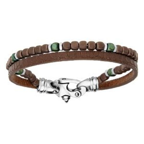 Bracelet Acier 1 Rang Cuir Bovin Marron Et 1 Rang Cubes Marron Et Vert 21,5cm
